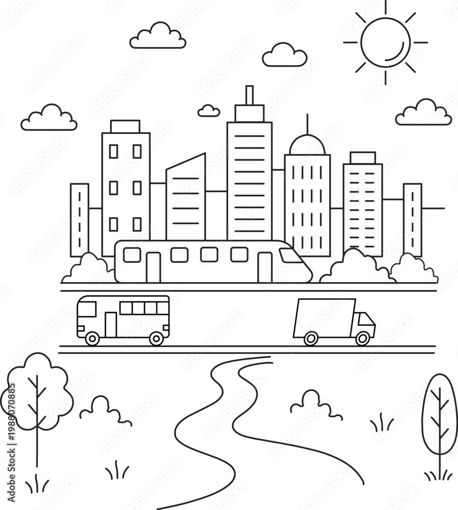 Naklejka premium Modern city skyline coloring page vector, urban landscape with skyscrapers and public transport, metropolitan city street with bus and train