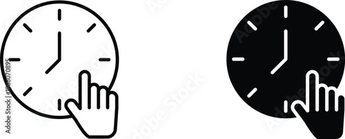 Minimalist clock icon set with hand cursor, black and white time management symbols, simple analog watch face vector illustrations for UI design
