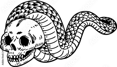 SVG spooky cryptid monsters in occult style tattoo design vector. Skull Snake Design with Intricate Details and Bold Lines