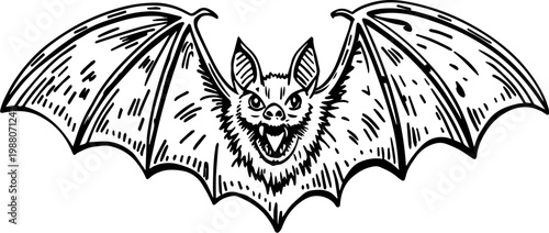 SVG spooky cryptid monsters in occult style tattoo design vector. Detailed Illustration of a Bat with Outstretched Wings in Ink Style