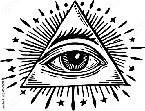 SVG spooky cryptid monsters in occult style tattoo design vector. Illuminated Eye of Providence within Radiant Triangle Design