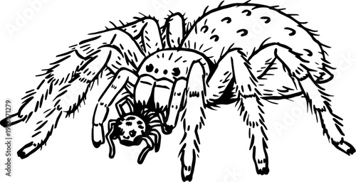 SVG spooky cryptid monsters in occult style tattoo design vector. Hand-Drawn Illustration of a Realistic Spider in Black and White