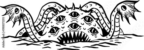 SVG spooky cryptid monsters in occult style tattoo design vector. Mythical sea creature with multiple eyes and tentacles emerging from water