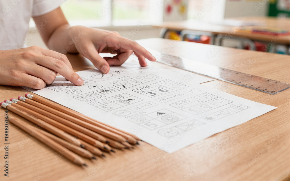 Obraz premium teacher hands pointing at worksheet beside pencils and ruler classroo