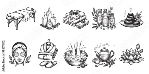 A hand-drawn illustration featuring various elements associated with spa treatments, including a massage table, candles, towels, essential oils, hot stones, a face mask, a bathrobe, a foot bath.