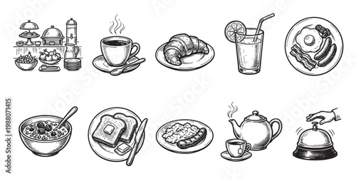 A collection of hand-drawn sketch illustrations depicting various breakfast foods and beverages, including a buffet spread, coffee, croissant, juice, full English breakfast, porridge, toast.