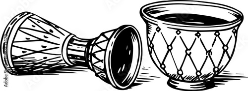 SVG spooky cryptid monsters in occult style tattoo design vector. Hand-drawn illustration of traditional drums and ceremonial bowl