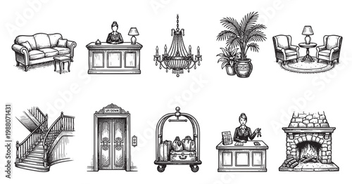 A collection of black and white hand-drawn illustrations depicting various hotel interior elements like a sofa, reception desk, chandelier, plants, chairs, staircase, elevator, luggage cart.