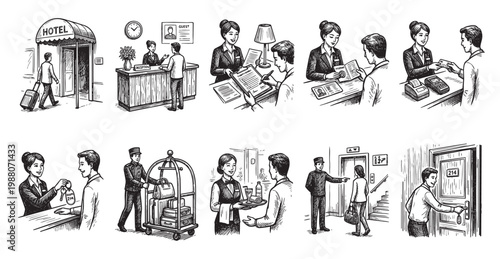A series of black and white hand-drawn illustrations depicting various hotel services, including check-in, room service, and bellhop assistance, showcasing a welcoming and professional.