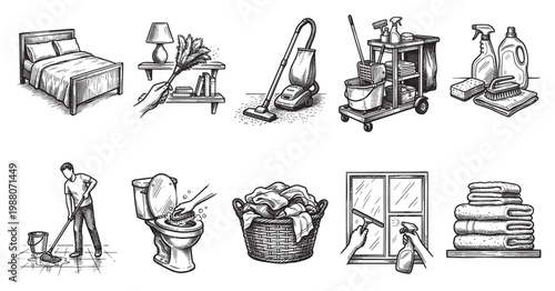 This black and white sketch compilation showcases various household cleaning tasks and essential supplies, including a bed, dusting, vacuuming, cleaning cart, sprays, mopping, toilet cleaning.