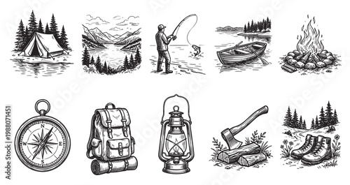 This vintage-style black and white illustration set depicts various camping and outdoor adventure elements like tents, mountains, fishing, bonfires, compasses, backpacks, lanterns, and hiking boots.