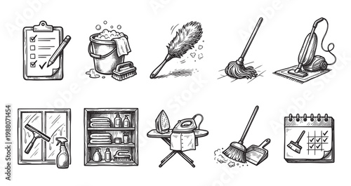 A collection of hand-drawn line art illustrations depicting various cleaning tools and tasks, including a checklist, bucket, duster, mop, vacuum, window squeegee, shelf with supplies, iron, broom.
