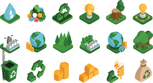 Isometric ecology icon set featuring recycling symbols green energy planet earth factory and sustainable nature conservation elements for environmental projects