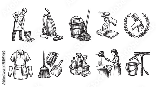 A hand-drawn collection of vintage-style cleaning service icons and tools, featuring a person mopping, vacuum cleaner, bucket, broom, spray bottles, and duster, ideal for hygien.