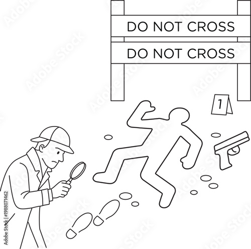Crime scene investigation vector illustration, detective with magnifying glass at murder site, chalk outline with do not cross police tape