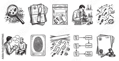 A collection of black and white line art illustrations depicting crime scene investigation elements such as footprints, fingerprints, evidence bags, a magnifying glass, a scientist at a microscope.