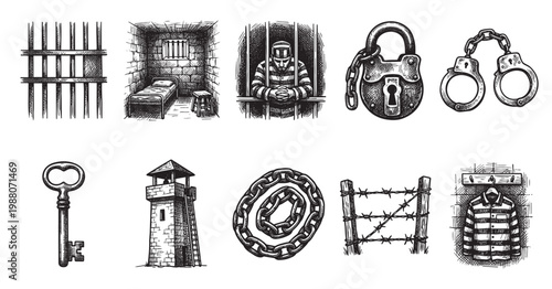 A collection of black and white sketchy illustrations depicts various prison and jail elements including bars, a cell, a prisoner, a lock, handcuffs, a key, a watchtower, chains, barbed wire.