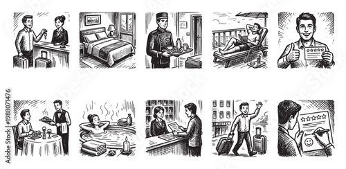 A collection of black and white illustrations depicting various hotel services and guest experiences, including check-in, room service, relaxation, and reviews.