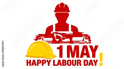 1st May International Workers Day creative banner design with yellow safety helmet and heavy machinery on transparent Background. Happy Labour Day greeting card with construction worker silhouette. 