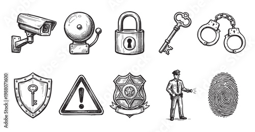 A collection of hand-drawn sketch icons representing security and law enforcement, including a surveillance camera, lock, key, handcuffs, police officer, and fingerprint.
