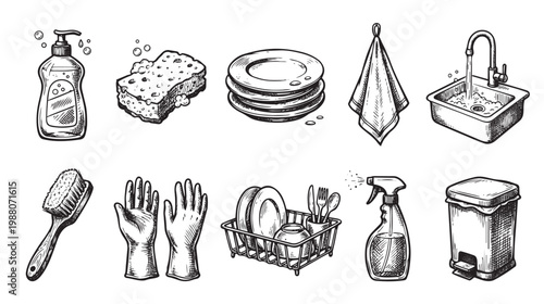 A collection of hand-drawn illustrations depicting essential kitchen cleaning tools and items, presented in a sketch style for a classic feel.