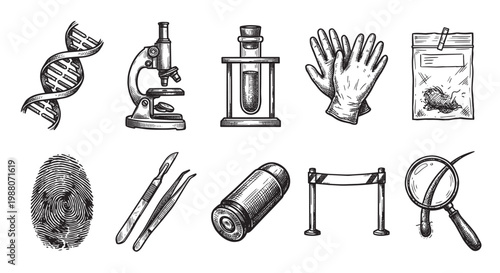 A black and white sketch of various forensic science tools including DNA, microscope, test tube, gloves, evidence bag, fingerprint, surgical instruments, bullet, tape, and magnifying glass.