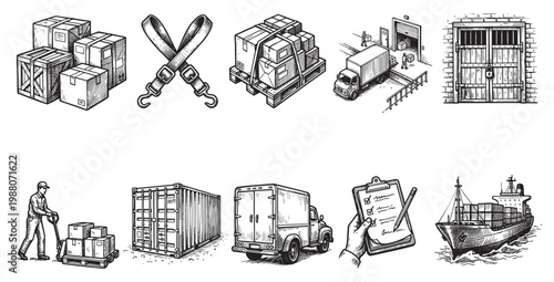 A collection of hand-drawn icons illustrating various aspects of shipping, logistics, and warehousing, including boxes, trucks, and a cargo ship.