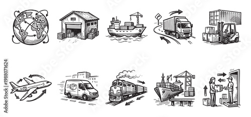 Collection of hand-drawn sketch icons illustrating various modes of transportation and logistics for global shipping and delivery services.