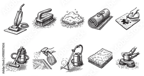 A set of hand-drawn, black and white vector icons depicting various carpet cleaning tools and actions, perfect for illustrating household chores or professional services.