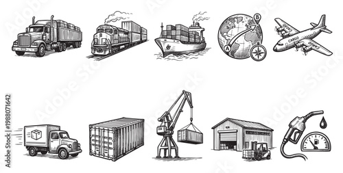 A collection of hand-drawn illustrations depicting various modes of transportation and logistics elements, including trucks, trains, ships, airplanes, cranes, warehouses, and fuel gauges.