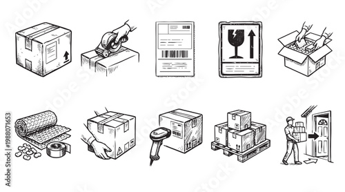 A collection of hand-drawn icons illustrating various aspects of shipping, logistics, and package handling, perfect for graphic design and informational content.