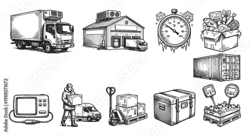 A set of hand-drawn black and white illustrations depicting various elements of cold chain logistics, including trucks, warehouses, thermometers, and food items.