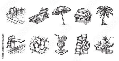 A collection of black and white hand-drawn sketch illustrations depicting various summer poolside icons for vacation and relaxation themes.