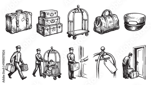 A hand-drawn sketch illustrates hotel bellhops assisting with vintage luggage and bellman carts, evoking classic travel and hospitality.