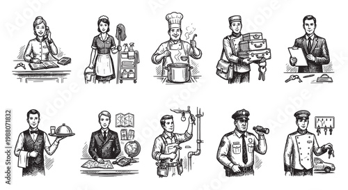 A vintage hand-drawn collection of ten service professionals, including a receptionist, maid, chef, bellhop, businessman, waiter, plumber, security guard, and valet, in a black and white sketch style.