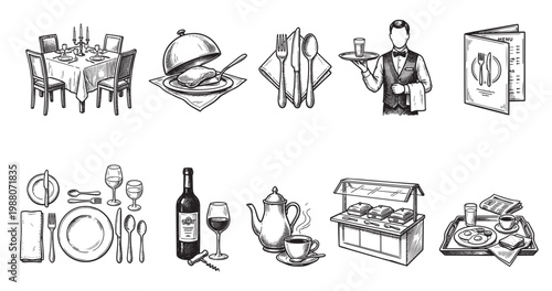 This line art collection depicts various restaurant and dining service elements, including a set table, catered food, a waiter, menu, tableware, wine, coffee, buffet, and breakfast tray.