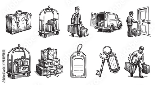 A vintage hand-drawn illustration set depicting hotel bellhops, luggage carts, suitcases, a delivery van, and keys, evoking a classic travel and service theme.