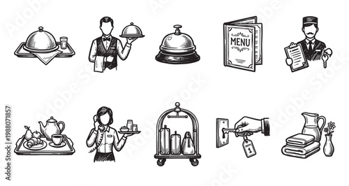 A hand-drawn sketch collection of hotel service icons, including room service, bellhop, reception bell, menu, bellboy, breakfast tray, and luggage cart.