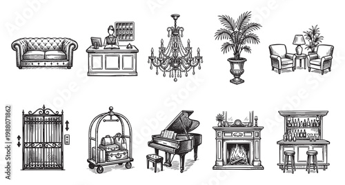 A collection of hand-drawn, vintage-style illustrations featuring classic hotel interior elements like a tufted sofa, reception desk, chandelier, and bar.