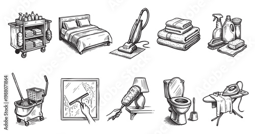A collection of hand-drawn illustrations depicting various household cleaning tools, appliances, and items, suitable for illustrating domestic tasks and hygiene.