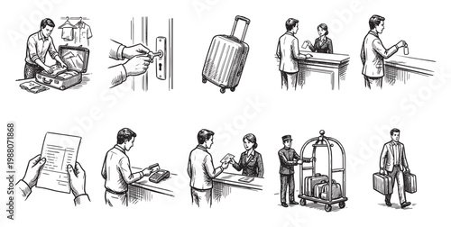 This ink sketch montage depicts a hotel guest's journey, from packing and check-in to key collection and baggage handling, illustrating various hospitality services.