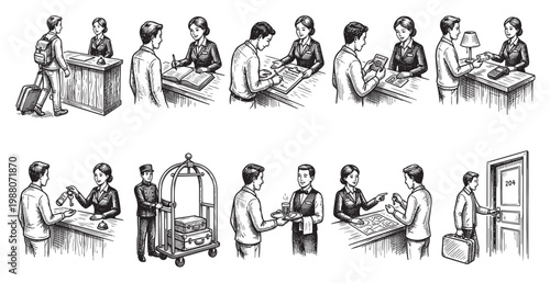 This collection of line art illustrations depicts various stages of hotel check-in and guest services, from arrival to room entry, in a classic black and white style.