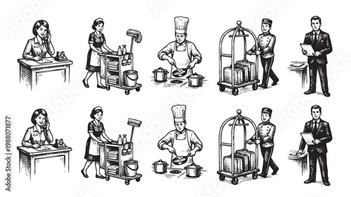 A collection of vintage-style illustrations depicts hotel staff performing their duties, including a receptionist, housekeeper, chef, bellhop, and concierge, suitable for hospitality themes.