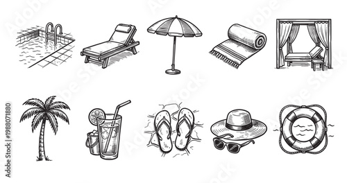 Collection of hand-drawn black and white icons representing summer vacation essentials like a swimming pool, beach umbrella, lounge chair, and tropical drink.