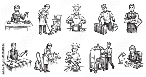 A collection of black and white line drawings depicting various hotel service professionals, including receptionists, housekeepers, chefs, and bellhops, engaged in their daily tasks.