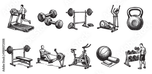 A hand-drawn sketch collage featuring various gym equipment like treadmills, dumbbells, barbells, and exercise machines, perfect for health and fitness concepts.