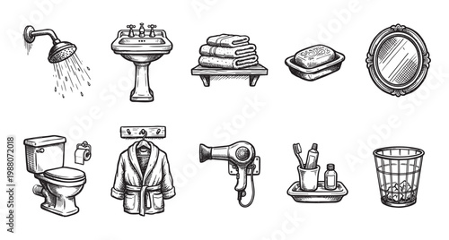 A collection of hand-drawn line art illustrations depicting various bathroom essentials, including a shower, sink, towels, soap, mirror, toilet, robe, hairdryer, toiletries, and trash can.