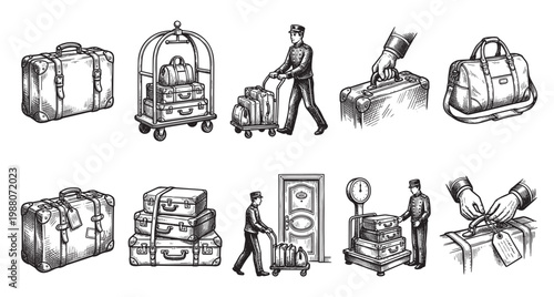 A collection of vintage luggage illustrations, including suitcases, duffel bags, and bellhops with carts, rendered in a classic sketch style, perfect for travel and hospitality themes.