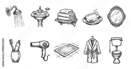 A collection of hand-drawn illustrations of common bathroom items arranged in two rows on a white background.