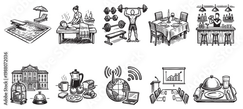 A collection of hand-drawn black and white icons representing various hotel services including a swimming pool, spa, gym, dining, bar, accommodation, breakfast, Wi-Fi, meeting room, and room service.